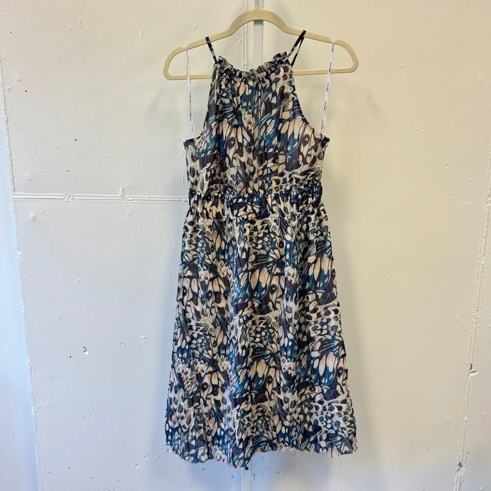 Anne Klein Butterfly Print Halter Midi Dress Blue Size 4 Ruffle‎ Neck Tie Back
